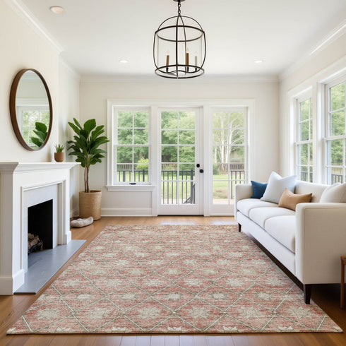 8' X 10' Terra Cotta And Beige Geometric Washable Area Rug With UV Protection