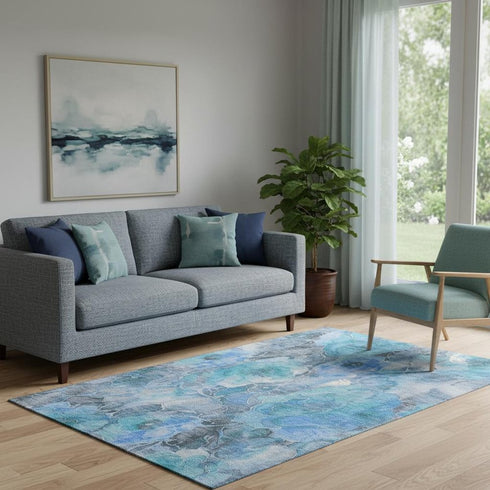 5' X 8' Blue Gray And Ivory Floral Washable Area Rug With UV Protection
