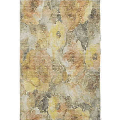5' X 8' Gold Gray And Beige Floral Washable Area Rug With UV Protection