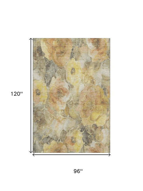 8' X 10' Gold Gray And Beige Floral Washable Area Rug With UV Protection