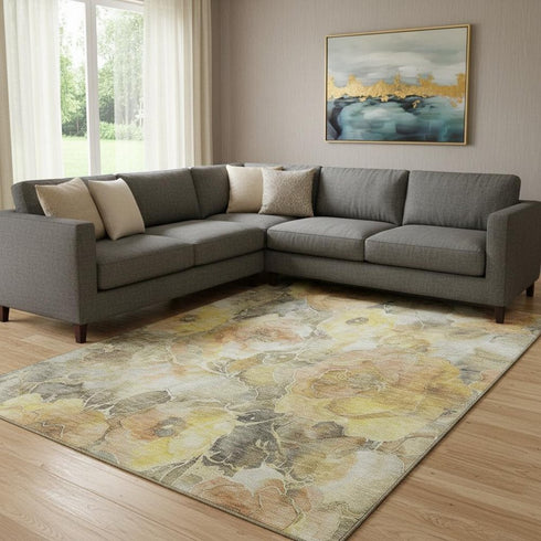 8' X 10' Gold Gray And Beige Floral Washable Area Rug With UV Protection