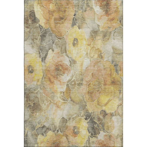 8' X 10' Gold Gray And Beige Floral Washable Area Rug With UV Protection