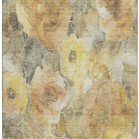 8' X 10' Gold Gray And Beige Floral Washable Area Rug With UV Protection
