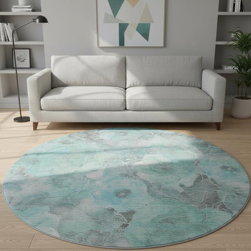 8' Teal Gray And Ivory Floral Washable Round Rug With UV Protection