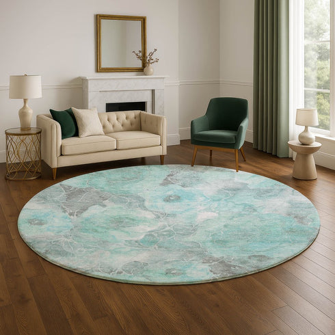 8' Teal Gray And Ivory Floral Washable Round Rug With UV Protection