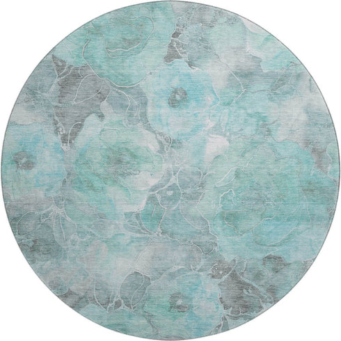 8' Teal Gray And Ivory Floral Washable Round Rug With UV Protection