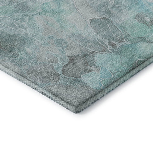 8' Teal Gray And Ivory Floral Washable Round Rug With UV Protection