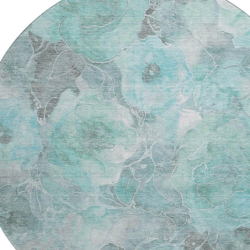 8' Teal Gray And Ivory Floral Washable Round Rug With UV Protection