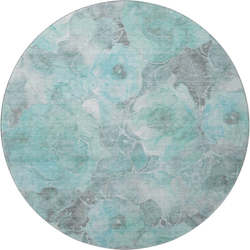 8' Teal Gray And Ivory Floral Washable Round Rug With UV Protection
