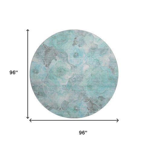 8' Teal Gray And Ivory Floral Washable Round Rug With UV Protection