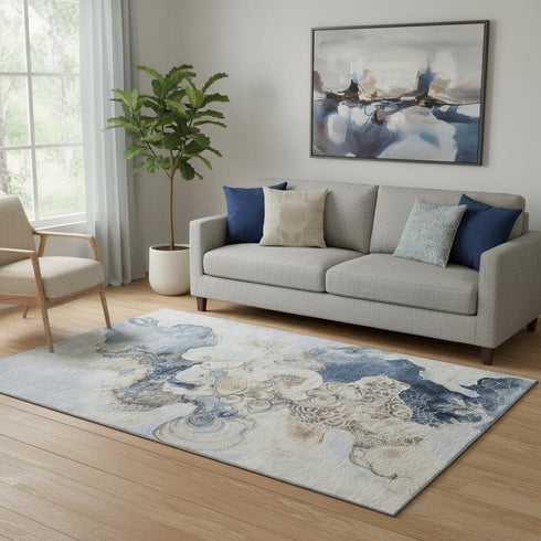 5' X 8' Denim Blue And Beige Abstract Washable Area Rug With UV Protection