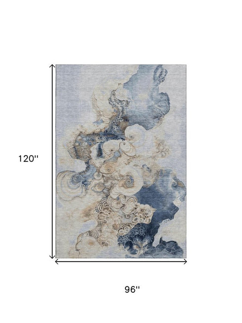 8' X 10' Denim Blue And Beige Abstract Washable Area Rug With UV Protection