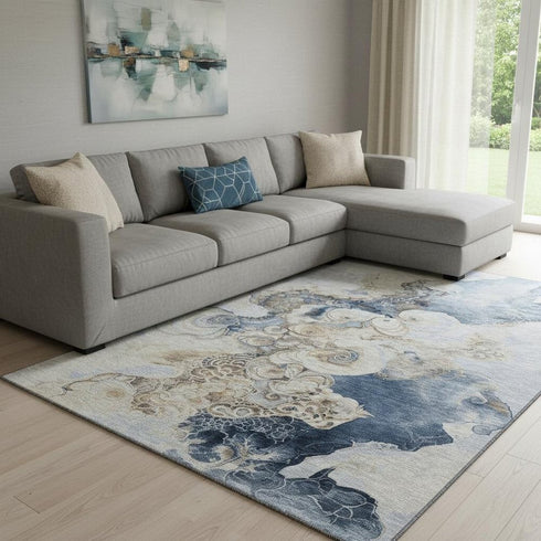 8' X 10' Denim Blue And Beige Abstract Washable Area Rug With UV Protection
