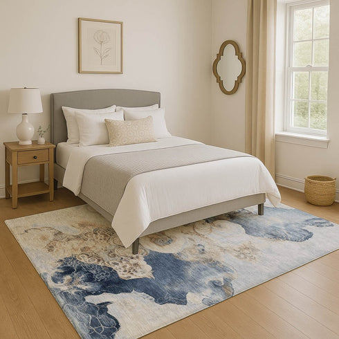 8' X 10' Denim Blue And Beige Abstract Washable Area Rug With UV Protection