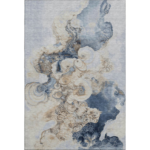 8' X 10' Denim Blue And Beige Abstract Washable Area Rug With UV Protection