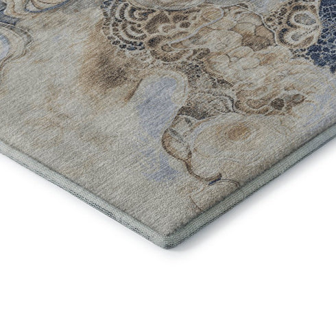 8' X 10' Denim Blue And Beige Abstract Washable Area Rug With UV Protection