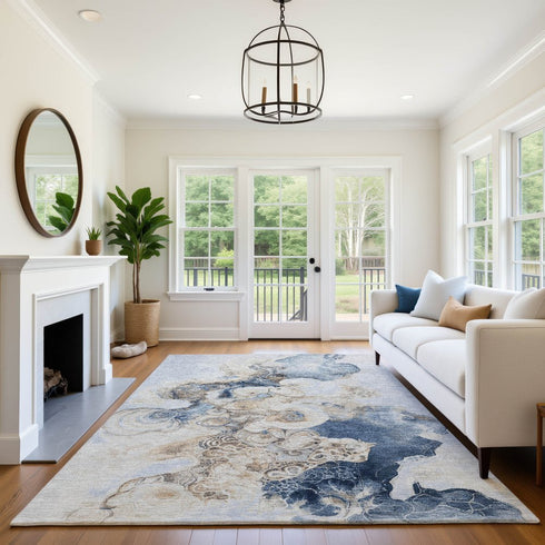 8' X 10' Denim Blue And Beige Abstract Washable Area Rug With UV Protection