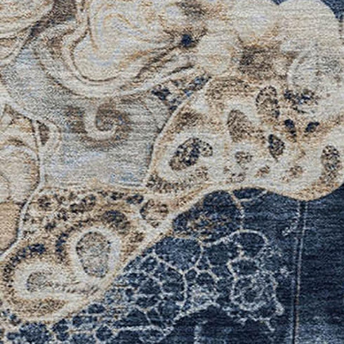 8' X 10' Denim Blue And Beige Abstract Washable Area Rug With UV Protection