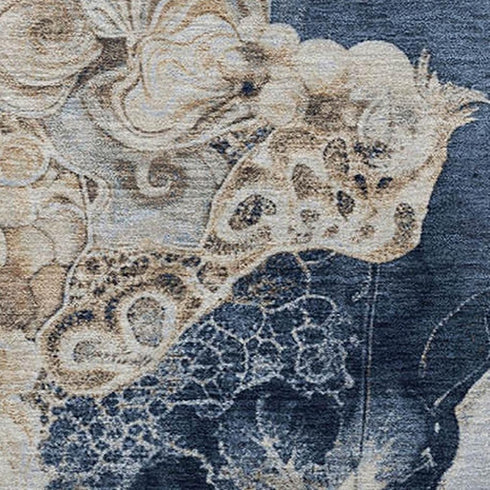 8' X 10' Denim Blue And Beige Abstract Washable Area Rug With UV Protection