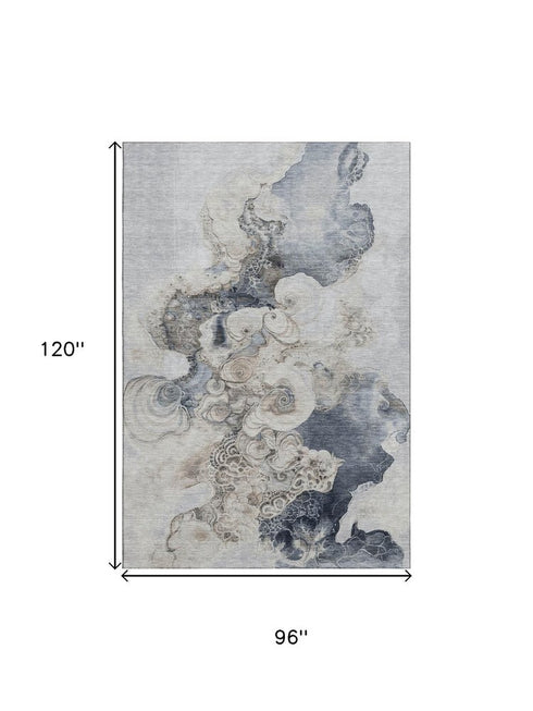 8' X 10' Gray And Blue Abstract Washable Area Rug With UV Protection