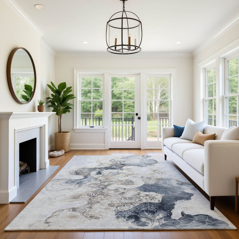 8' X 10' Gray And Blue Abstract Washable Area Rug With UV Protection