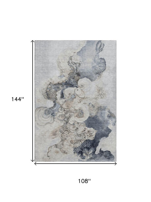 9' X 12' Gray And Blue Abstract Washable Area Rug With UV Protection