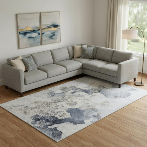 9' X 12' Gray And Blue Abstract Washable Area Rug With UV Protection
