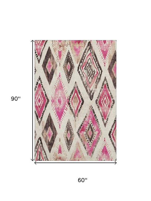 5' X 8' Linen Pink And Ivory Geometric Washable Area Rug With UV Protection
