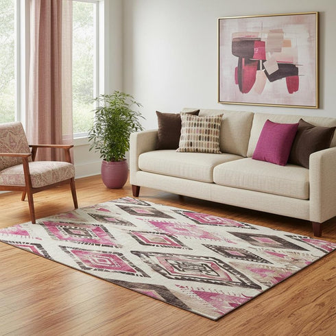 5' X 8' Linen Pink And Ivory Geometric Washable Area Rug With UV Protection