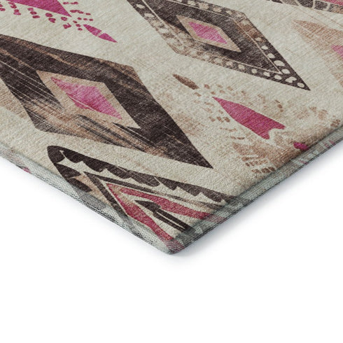 5' X 8' Linen Pink And Ivory Geometric Washable Area Rug With UV Protection