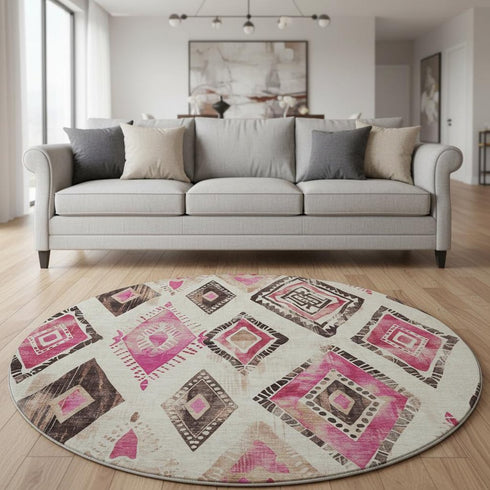 8' Linen Pink And Ivory Geometric Washable Round Rug With UV Protection