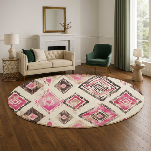 8' Linen Pink And Ivory Geometric Washable Round Rug With UV Protection