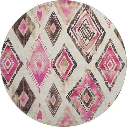 8' Linen Pink And Ivory Geometric Washable Round Rug With UV Protection