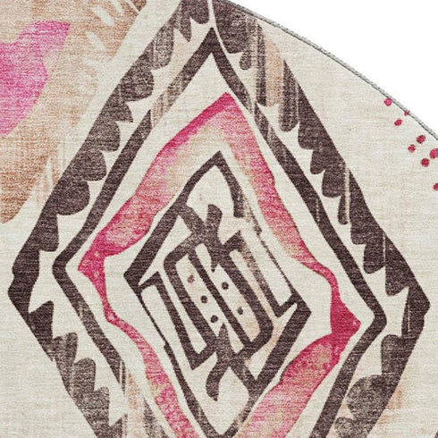 8' Linen Pink And Ivory Geometric Washable Round Rug With UV Protection