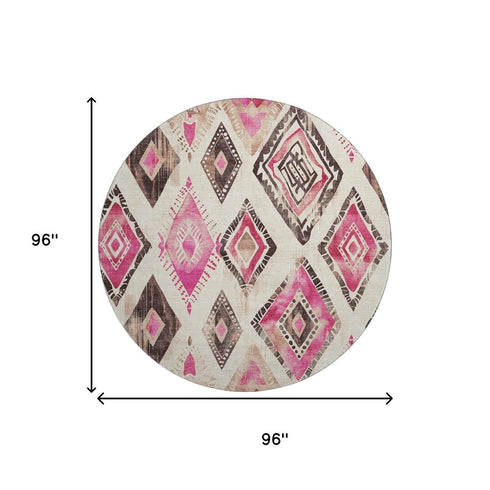 8' Linen Pink And Ivory Geometric Washable Round Rug With UV Protection