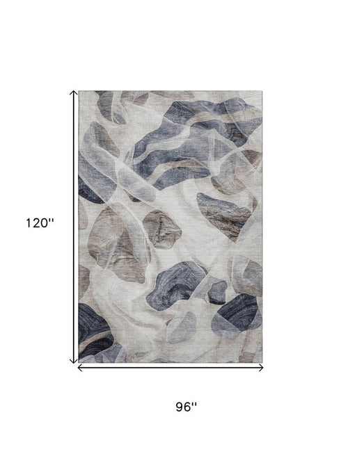 8' X 10' Beige Blue And Ivory Abstract Washable Area Rug With UV Protection