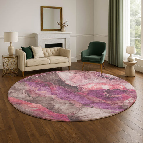 8' Blush Purple And Gray Floral Washable Round Rug With UV Protection