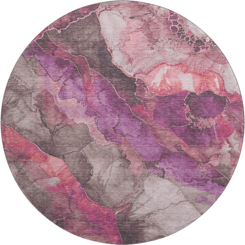 8' Blush Purple And Gray Floral Washable Round Rug With UV Protection