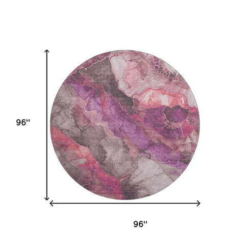 8' Blush Purple And Gray Floral Washable Round Rug With UV Protection