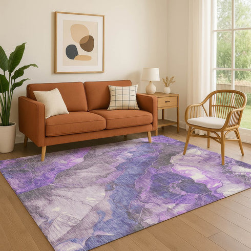 8' X 10' Lavender Gray And Ivory Floral Washable Area Rug With UV Protection