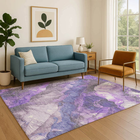 8' X 10' Lavender Gray And Ivory Floral Washable Area Rug With UV Protection