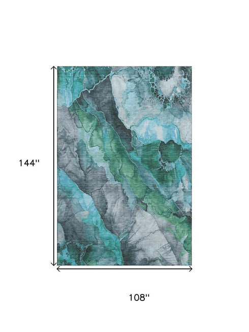 9' X 12' Teal Green And Ivory Floral Washable Area Rug With UV Protection