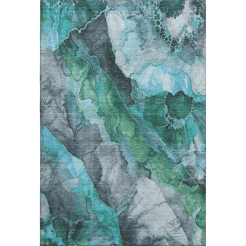 9' X 12' Teal Green And Ivory Floral Washable Area Rug With UV Protection
