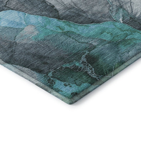 9' X 12' Teal Green And Ivory Floral Washable Area Rug With UV Protection
