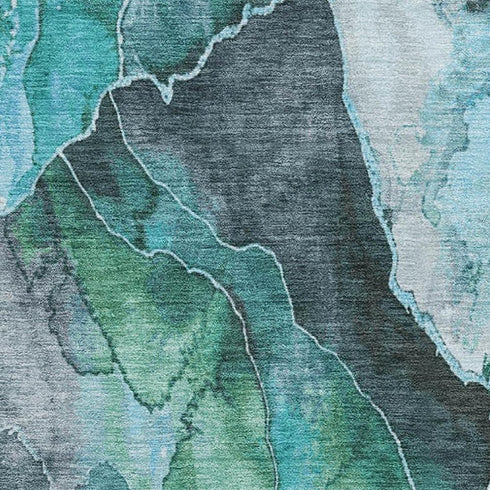 9' X 12' Teal Green And Ivory Floral Washable Area Rug With UV Protection