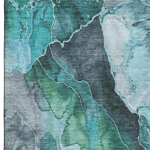 9' X 12' Teal Green And Ivory Floral Washable Area Rug With UV Protection