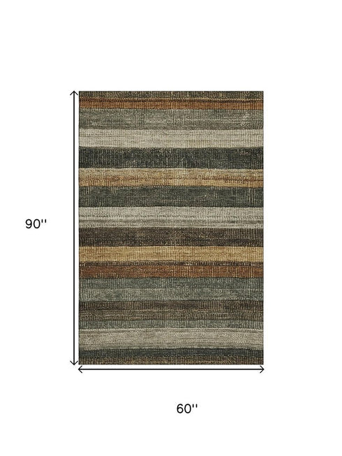 5' X 8' Khaki Gray And Beige Striped Washable Area Rug With UV Protection