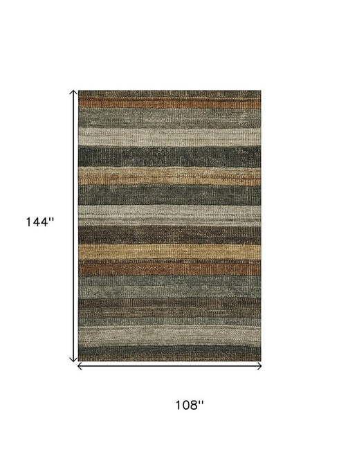 9' X 12' Khaki Gray And Beige Striped Washable Area Rug With UV Protection