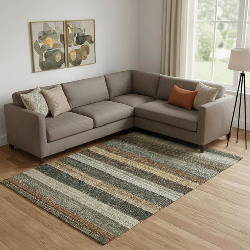 9' X 12' Khaki Gray And Beige Striped Washable Area Rug With UV Protection