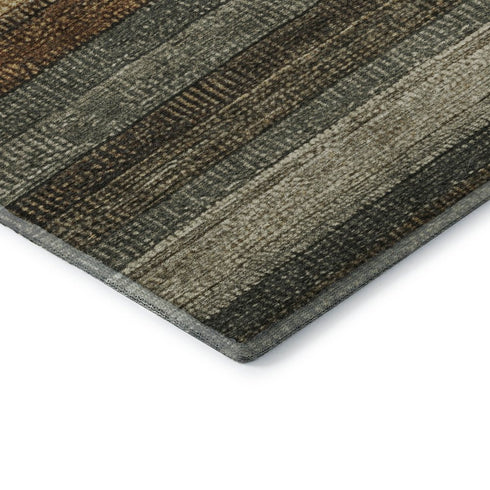 9' X 12' Khaki Gray And Beige Striped Washable Area Rug With UV Protection